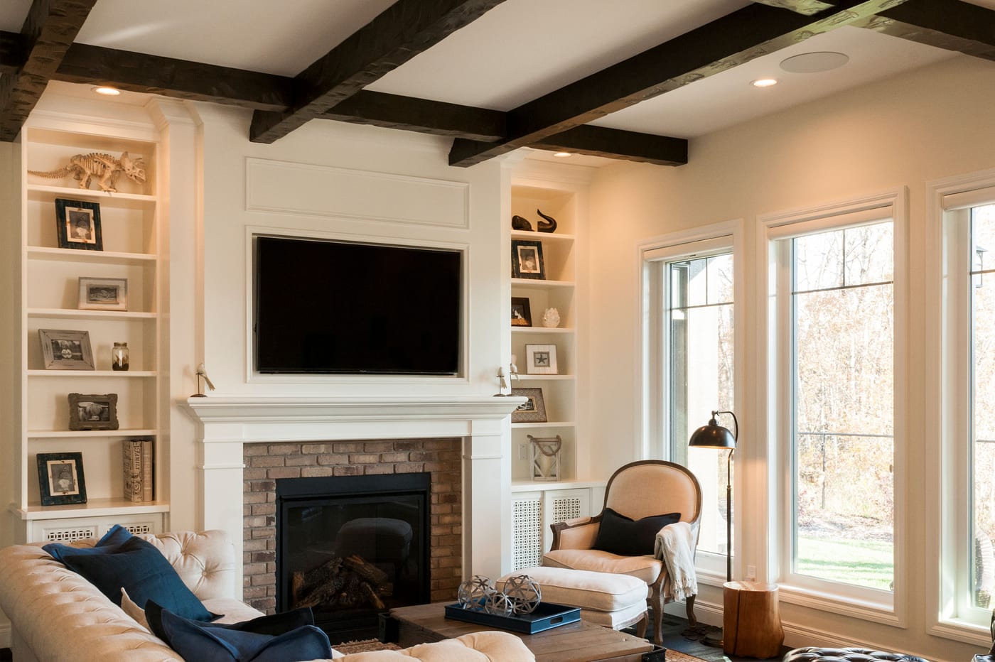 A bright, vaulted living room in a custom home built by Jacob's Construction